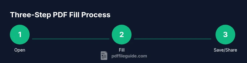 Infographic showing three-step process to fill a PDF: Open, Fill, Save/Share