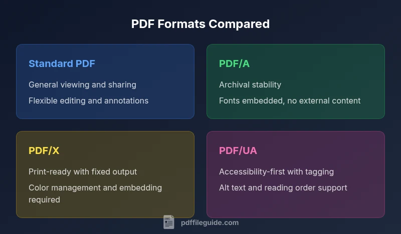 Infographic comparing PDF formats: Standard PDF, PDF/A, PDF/X, PDF/UA