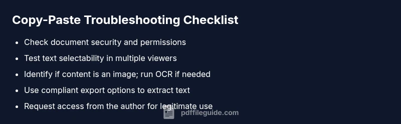 Checklist infographic for PDF copy-paste troubleshooting