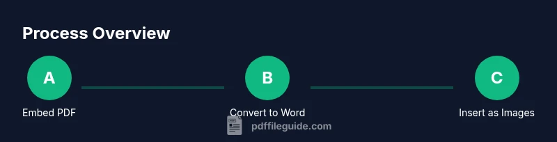 Infographic showing the steps to insert a PDF into Word: Embed, Convert, Insert as Images