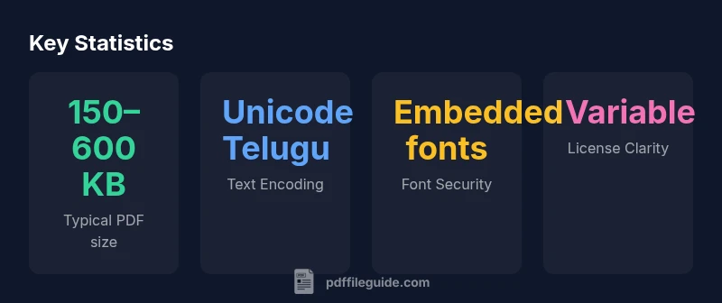 Stats infographic comparing size, encoding, fonts, and licensing for Telugu Vishnu Sahasranamam PDFs