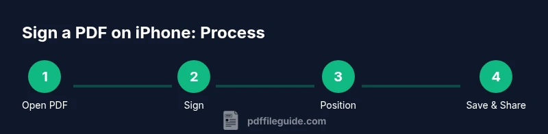 Process diagram showing four steps to sign a PDF on iPhone