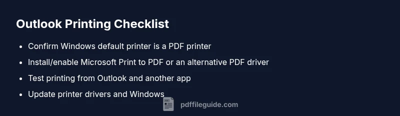 Checklist infographic for fixing Outlook printing to PDF